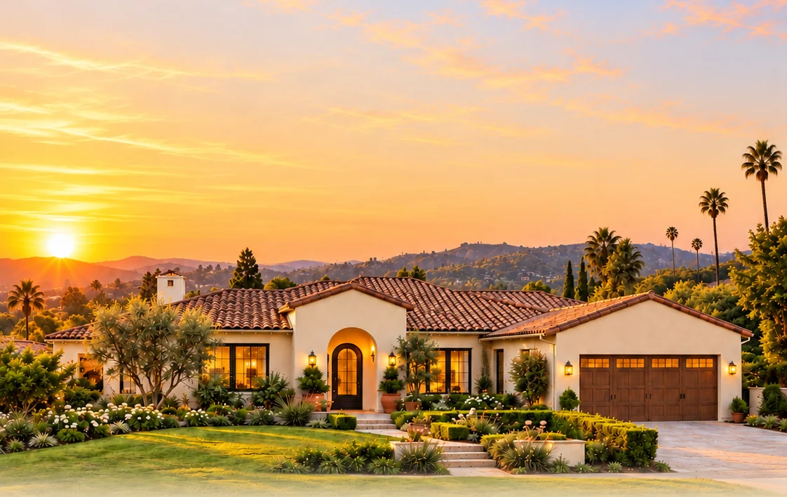 California home with a tiled roof and palm trees at sunset